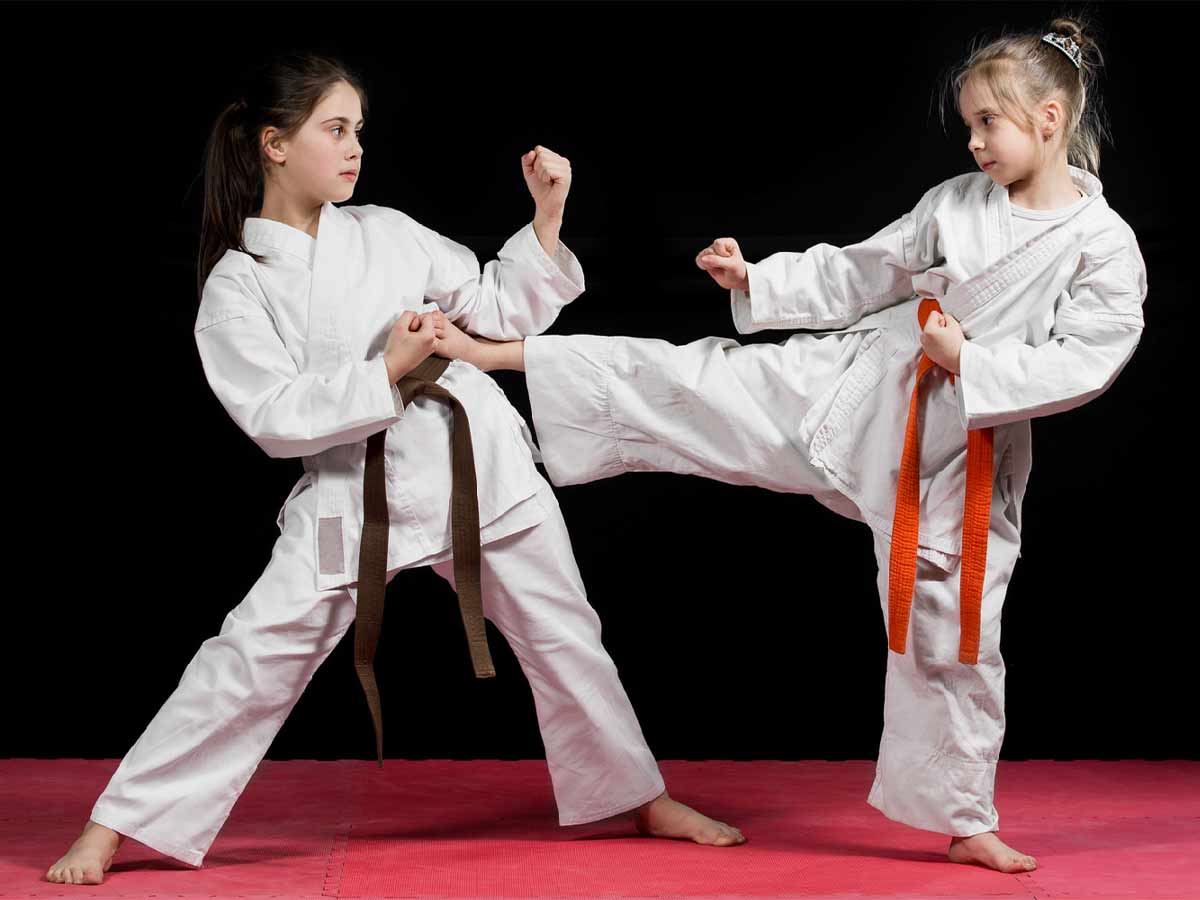 Two kids engaging in martial arts training in a red and black room in Parksville.